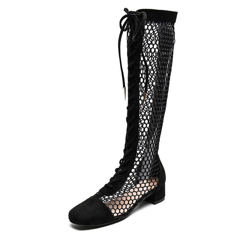Mesh boots with hollowed out and internet famous features, summer super fiber leather thick heel boots, high tube mesh over knee long tube, Roman cool boots for children