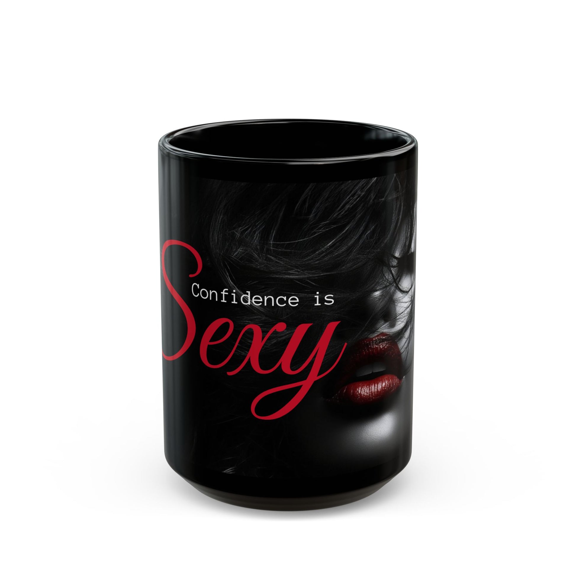 Confidence is Sexy Mug, Empowering Gift for Women, Bold Black Coffee Cup, Red Lips Design, Feminine Self-Love Boss Babe Mug