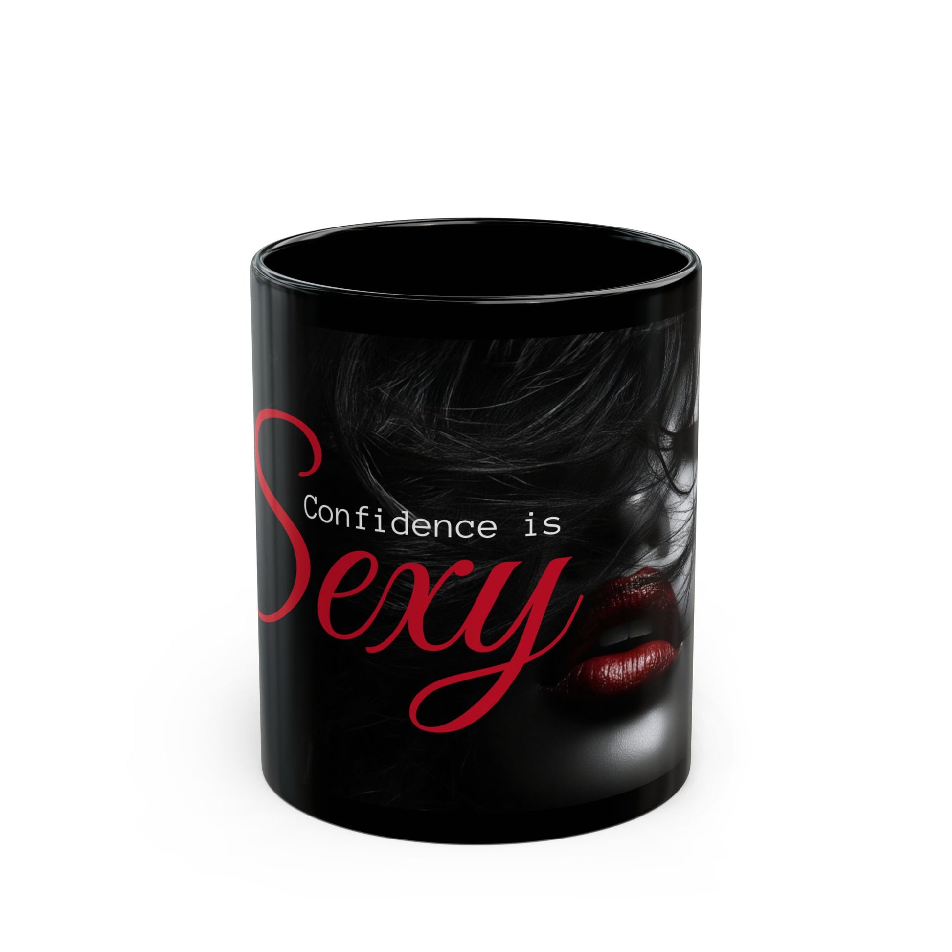 Confidence is Sexy Mug, Empowering Gift for Women, Bold Black Coffee Cup, Red Lips Design, Feminine Self-Love Boss Babe Mug