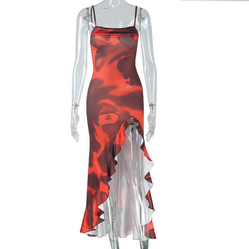 European and American Style Women's Pleated Slit Printed Fitted Irregular Hem Strapless Midi Dress