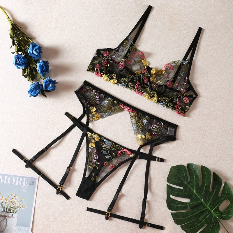 Sexy Perspective Yellow Pastoral Floral Bra Pendant with T-shaped Trousers with Leg Rings Three piece Funny Underwear Set