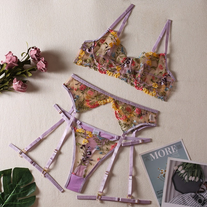 Sexy Perspective Yellow Pastoral Floral Bra Pendant with T-shaped Trousers with Leg Rings Three piece Funny Underwear Set