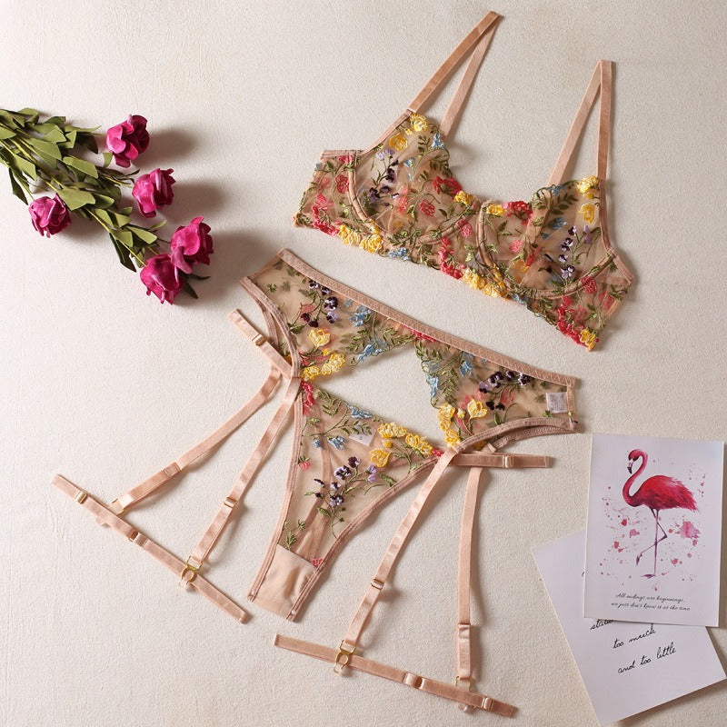 Sexy Perspective Yellow Pastoral Floral Bra Pendant with T-shaped Trousers with Leg Rings Three piece Funny Underwear Set