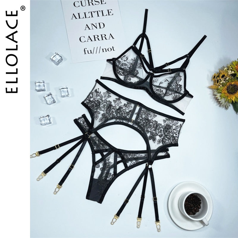 New Sexy Mesh Embroidery With Steel Ring Underwear Transparent Fashion Uniform Set