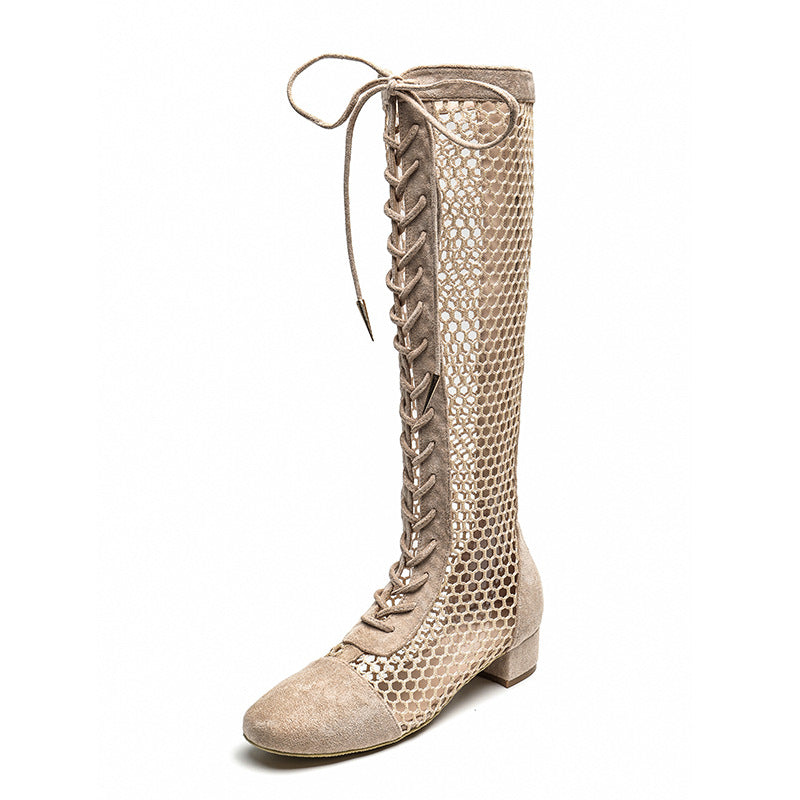Mesh boots with hollowed out and internet famous features, summer super fiber leather thick heel boots, high tube mesh over knee long tube, Roman cool boots for children