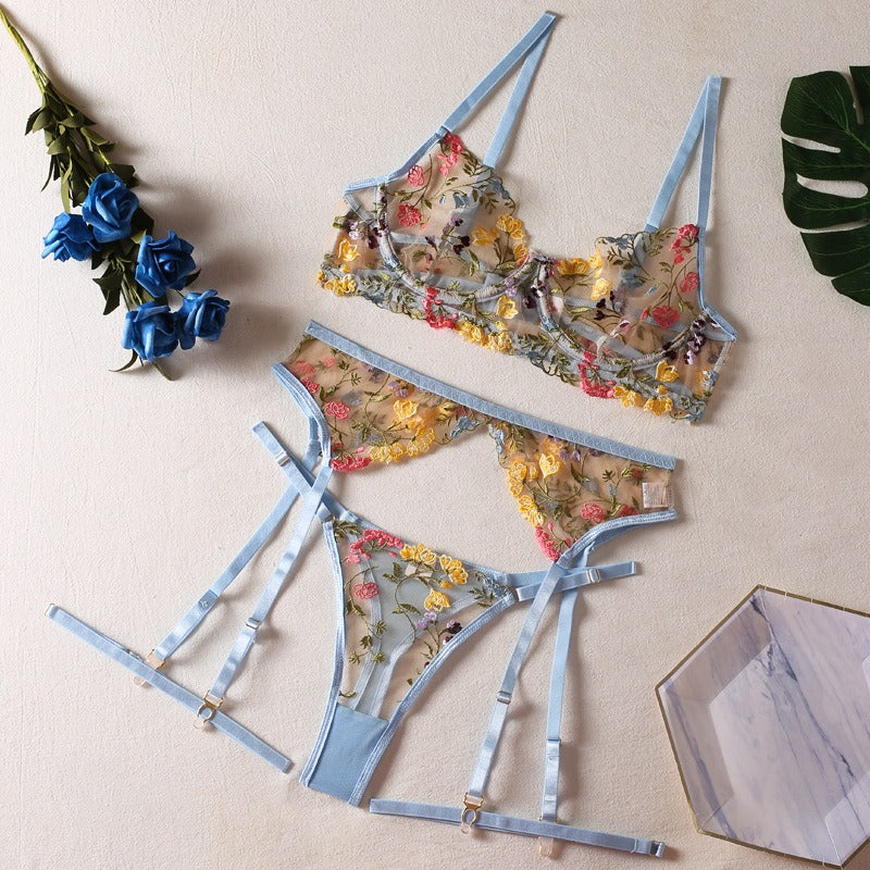 Sexy Perspective Yellow Pastoral Floral Bra Pendant with T-shaped Trousers with Leg Rings Three piece Funny Underwear Set