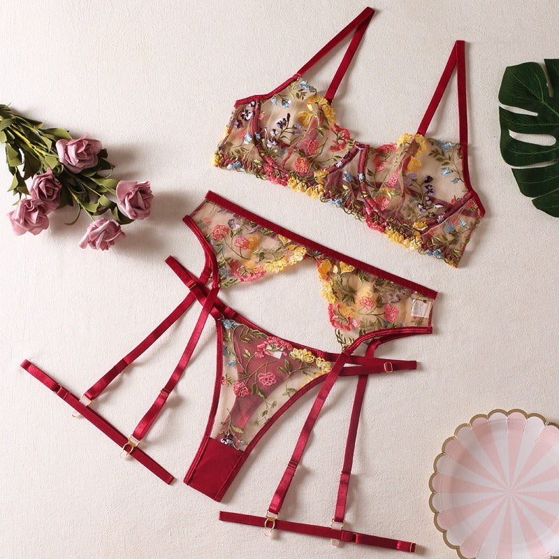 Sexy Perspective Yellow Pastoral Floral Bra Pendant with T-shaped Trousers with Leg Rings Three piece Funny Underwear Set