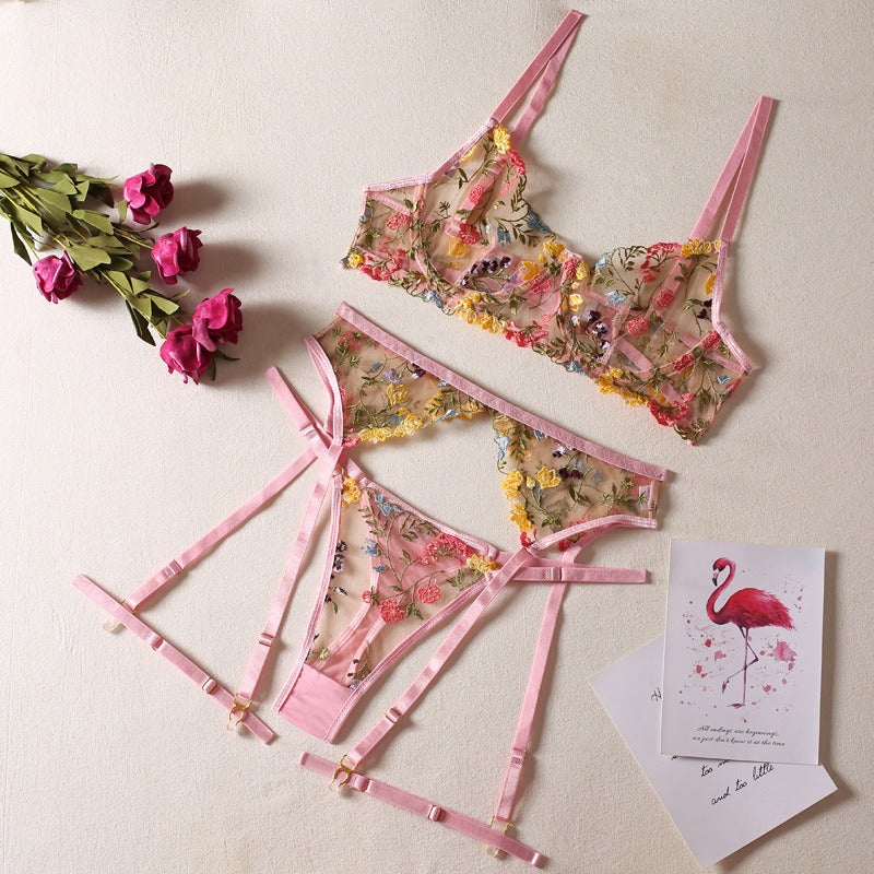 Sexy Perspective Yellow Pastoral Floral Bra Pendant with T-shaped Trousers with Leg Rings Three piece Funny Underwear Set