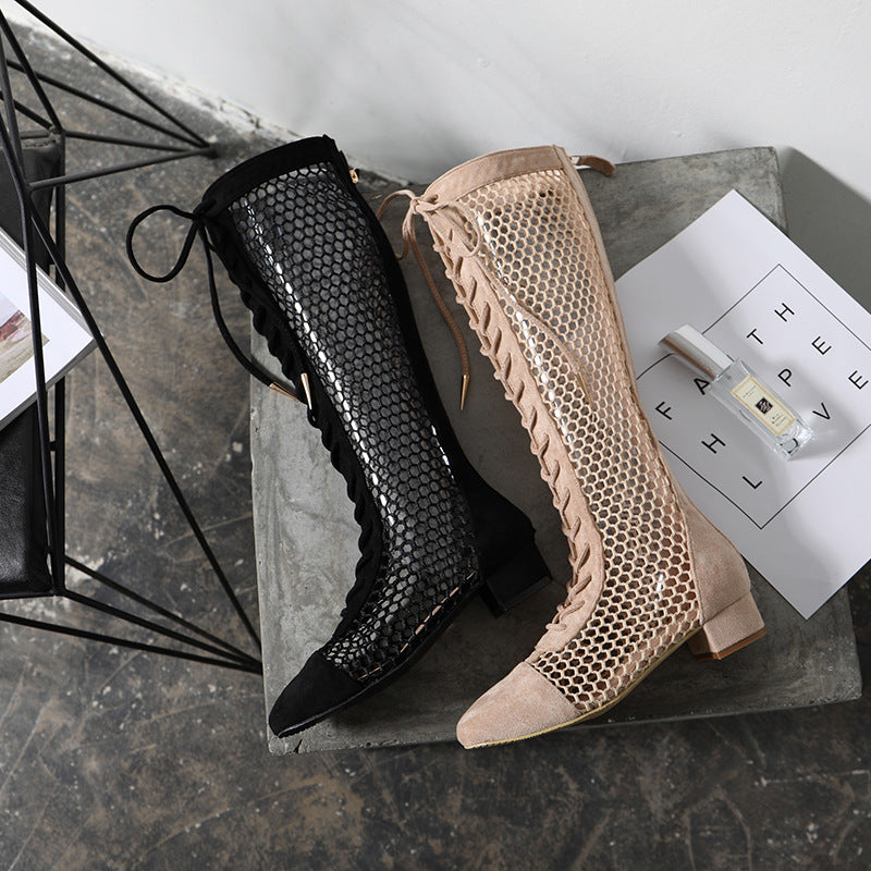 Mesh boots with hollowed out and internet famous features, summer super fiber leather thick heel boots, high tube mesh over knee long tube, Roman cool boots for children
