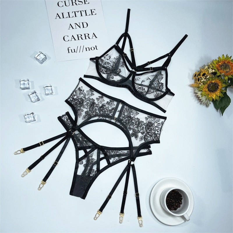 New Sexy Mesh Embroidery With Steel Ring Underwear Transparent Fashion Uniform Set