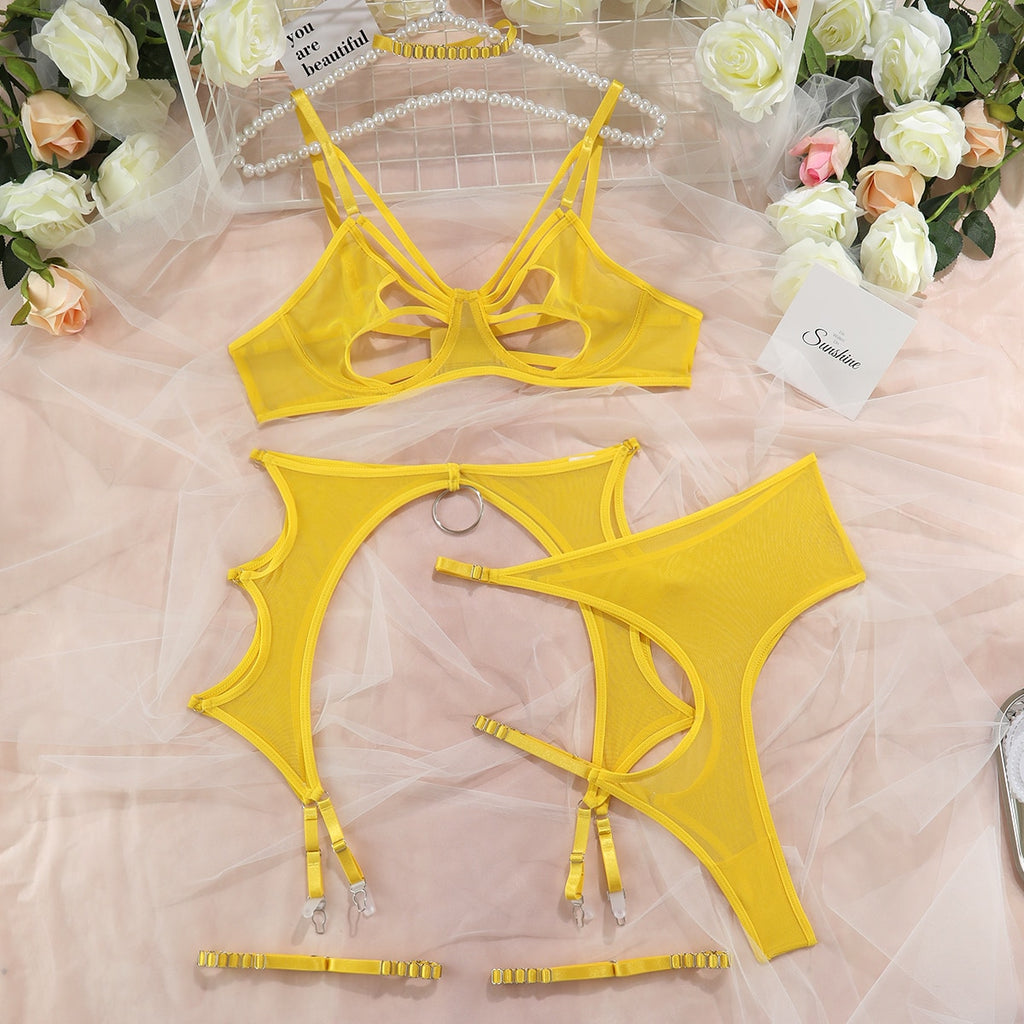 Sexy Lingerie Cut Out Bra Erotic Brief Sets 4-Pieces Sensual Fancy Underwear Garters G-Strings Thongs Lace Exotic Set