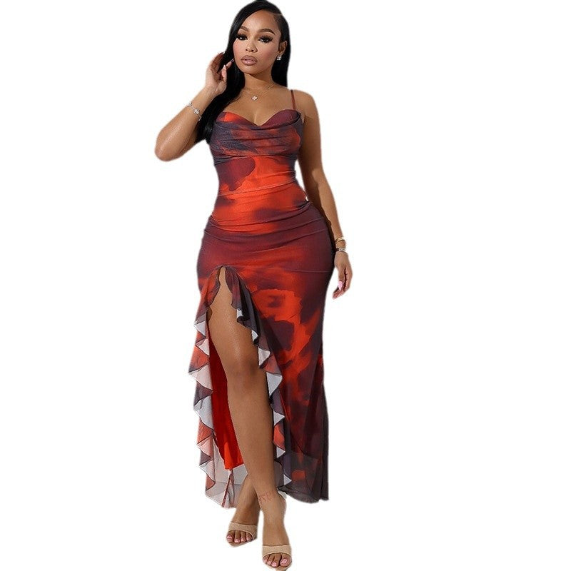 European and American Style Women's Pleated Slit Printed Fitted Irregular Hem Strapless Midi Dress