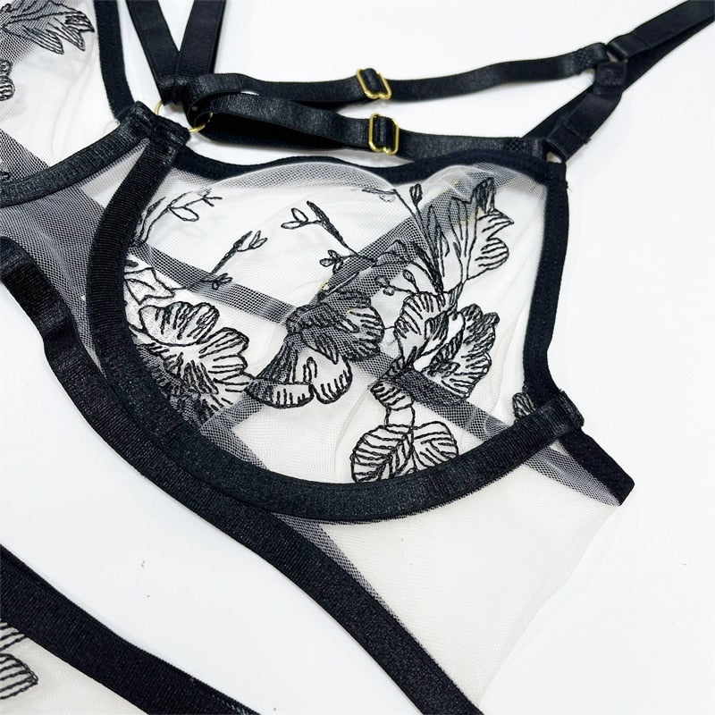New Sexy Mesh Embroidery With Steel Ring Underwear Transparent Fashion Uniform Set
