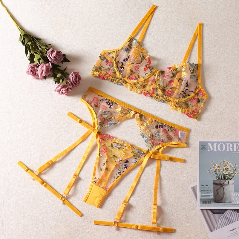 Sexy Perspective Yellow Pastoral Floral Bra Pendant with T-shaped Trousers with Leg Rings Three piece Funny Underwear Set