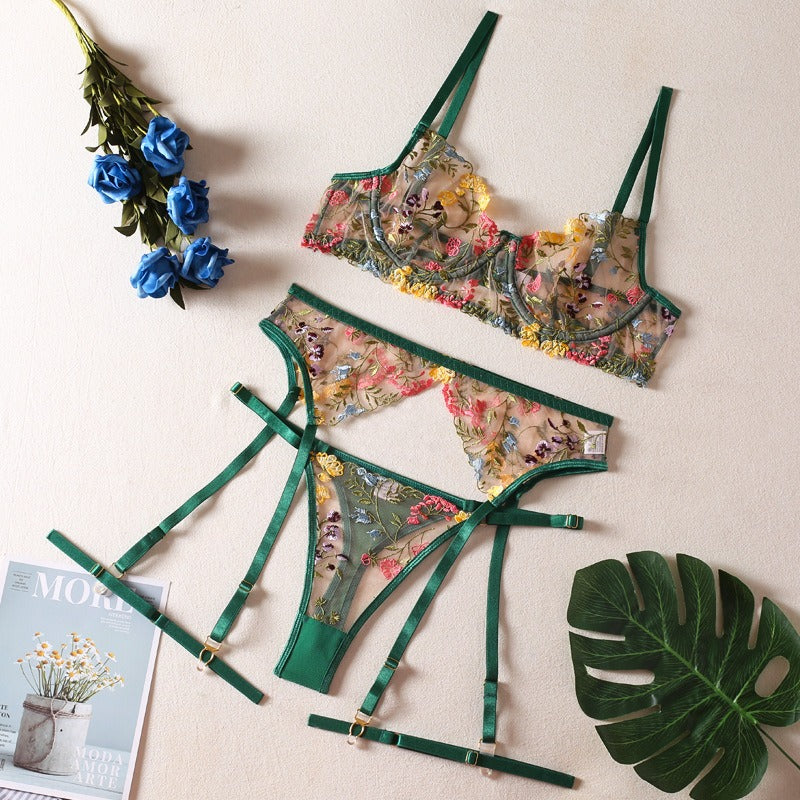 Sexy Perspective Yellow Pastoral Floral Bra Pendant with T-shaped Trousers with Leg Rings Three piece Funny Underwear Set