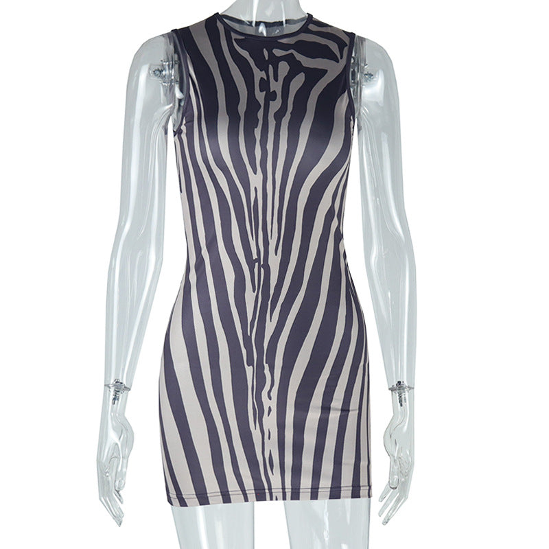 European and American Women's Fashion Zebra Print Sexy Pencil Skirt Slimming Floral Round Neck Short Dress